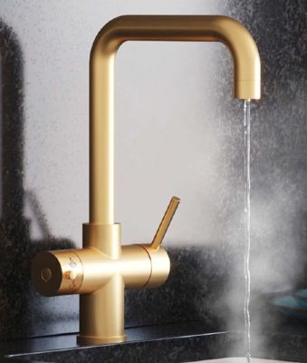 EVO AVISTA/320 SERIES 3 IN 1 BRUSHED GOLD BOILING WATER MONO DUAL LEVER 'D' SHAPED KITCHEN SINK MIXER TAP, SWIVEL SPOUT with PUSH BUTTON TANK, BWT325BG